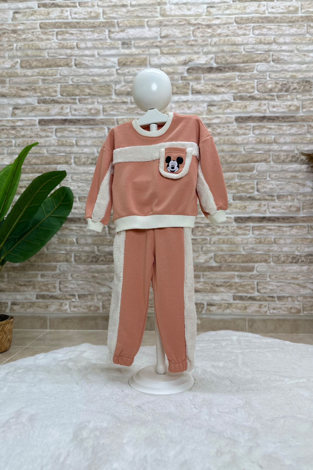 3 İplik Peluş Mickey Somon Takım