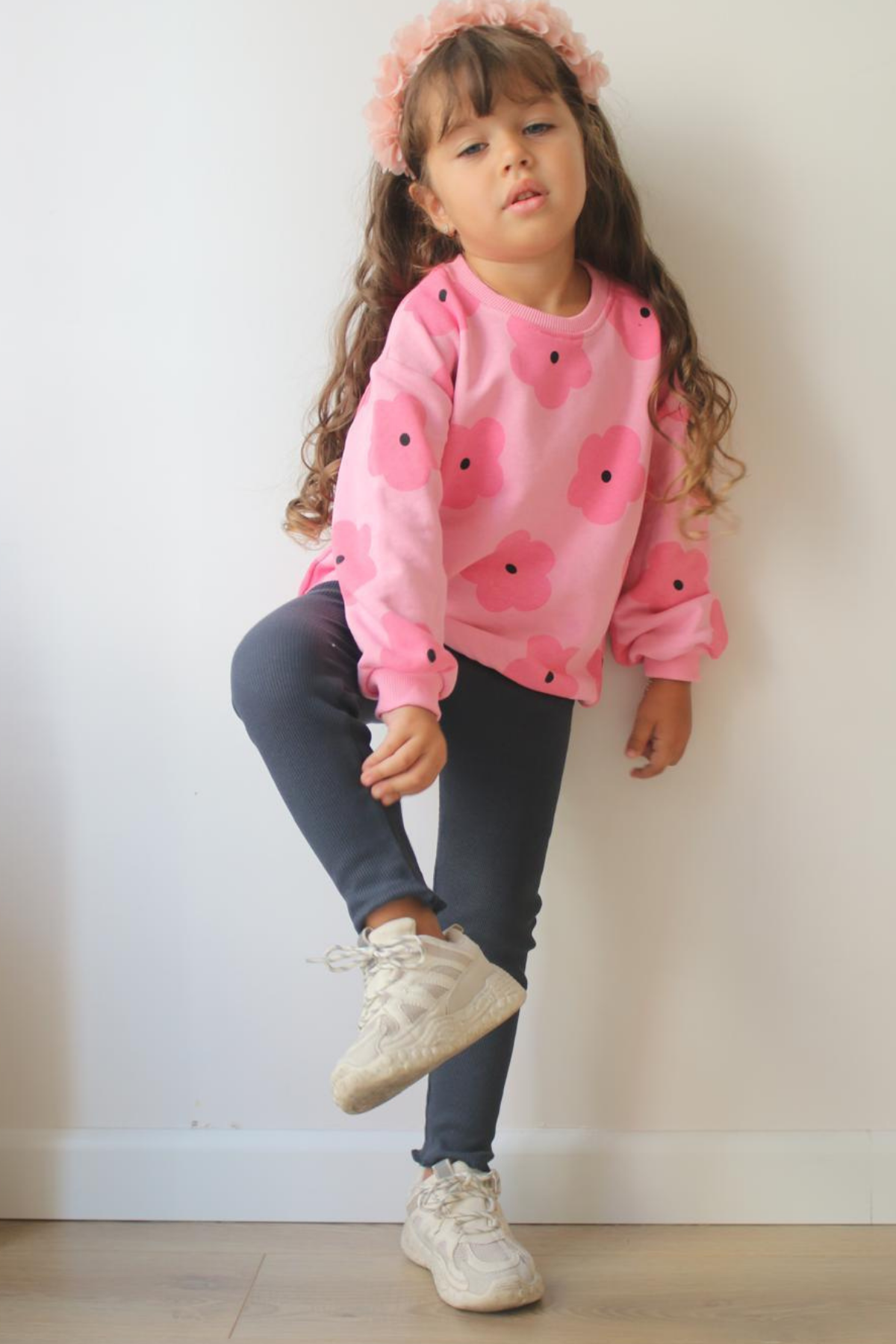 3 İplik Pembe Çiçekli Taytlı Takım