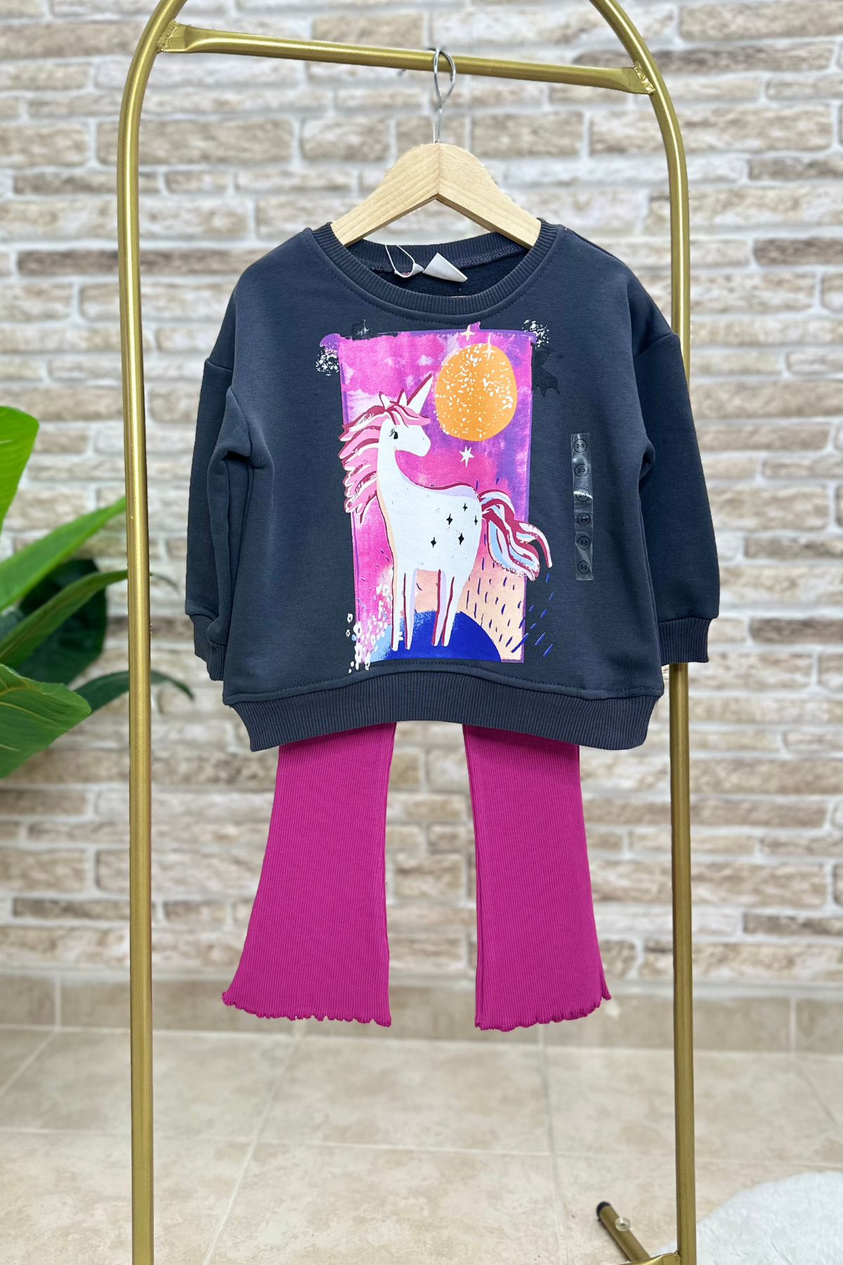 3 İplik Unicorn Baskı Vişne İspanyol Taytlı Takım
