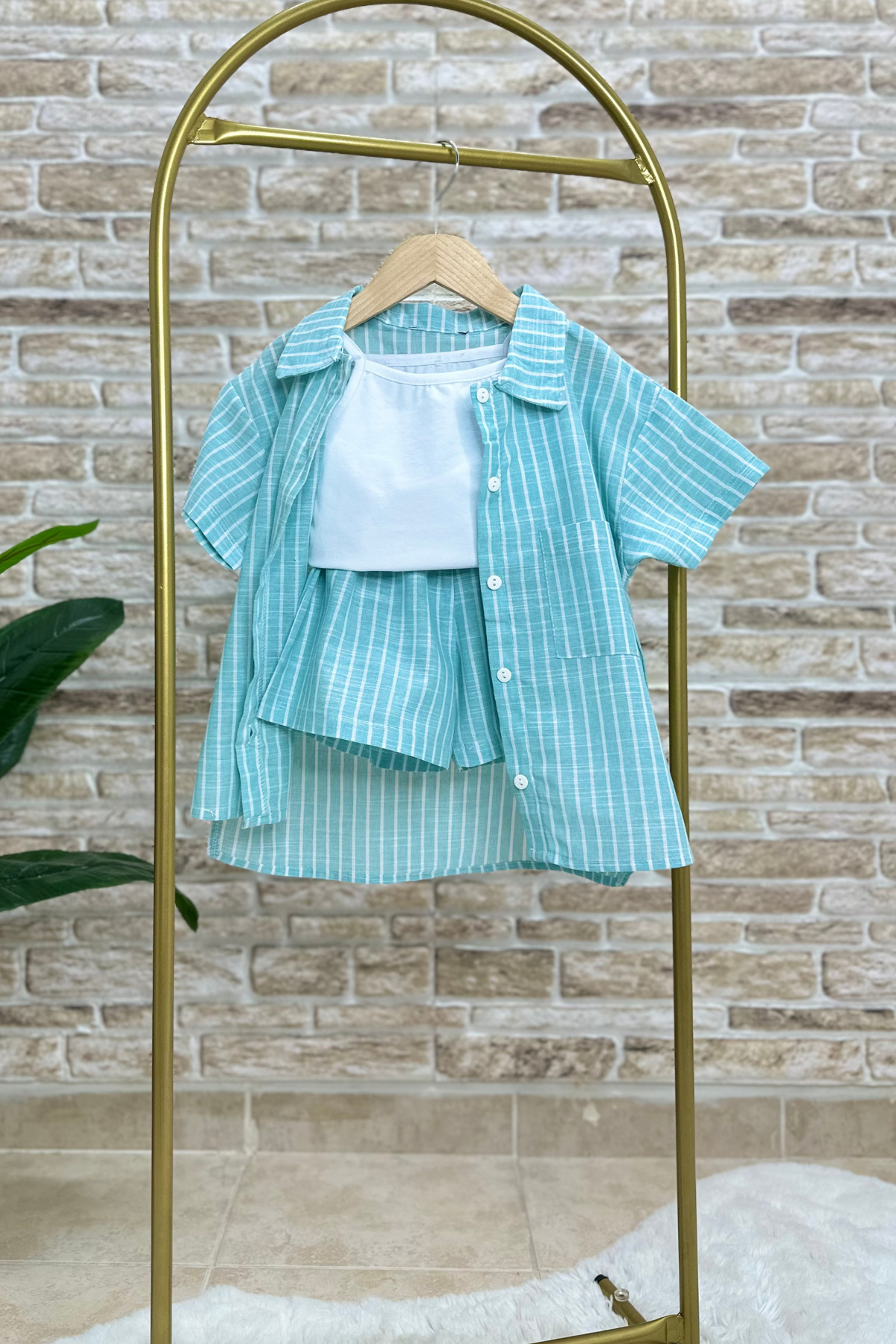 3 Parça Keten Şortlu Takım