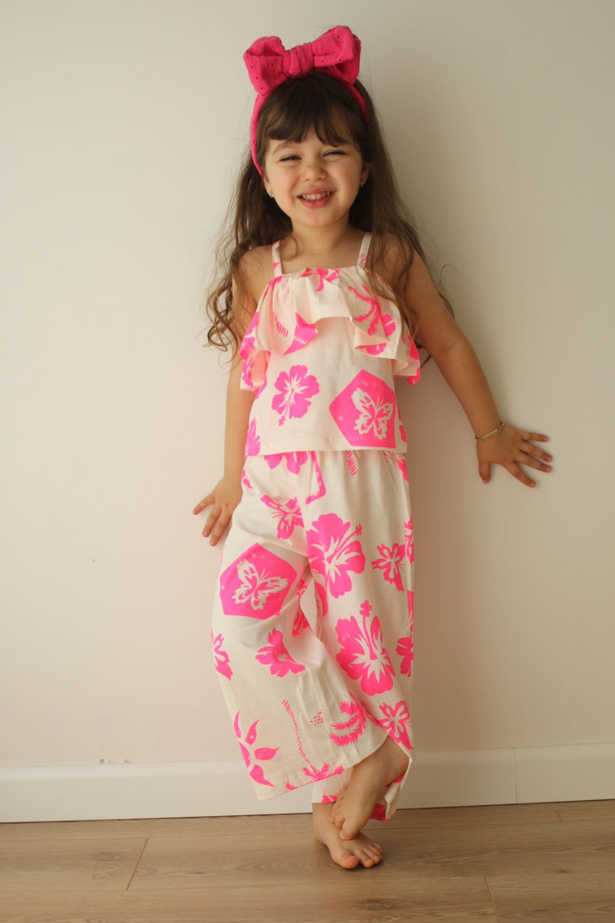 Askılı Çiçekli Pembe Pantolon Takım