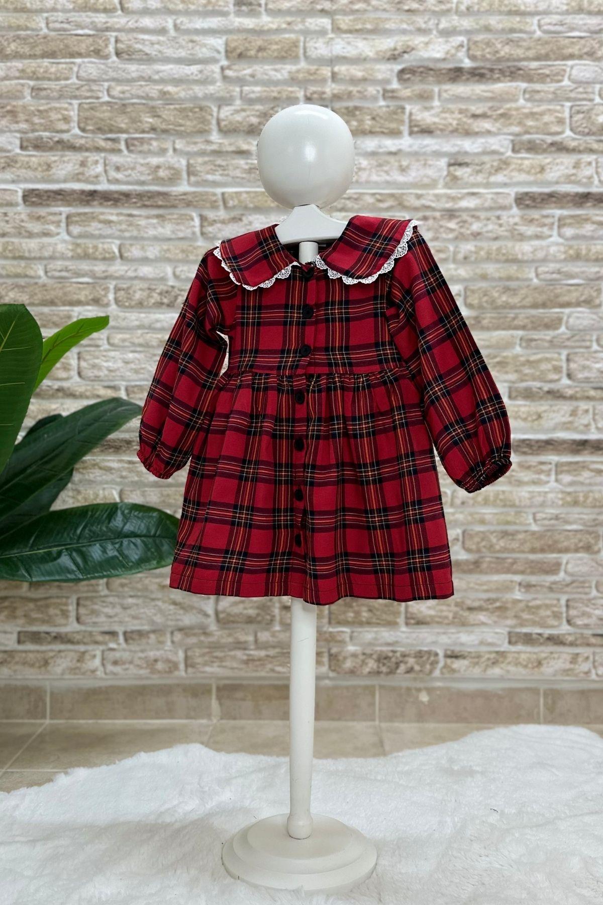 Bebe Yakalı Kırmızı Pötikare Elbise