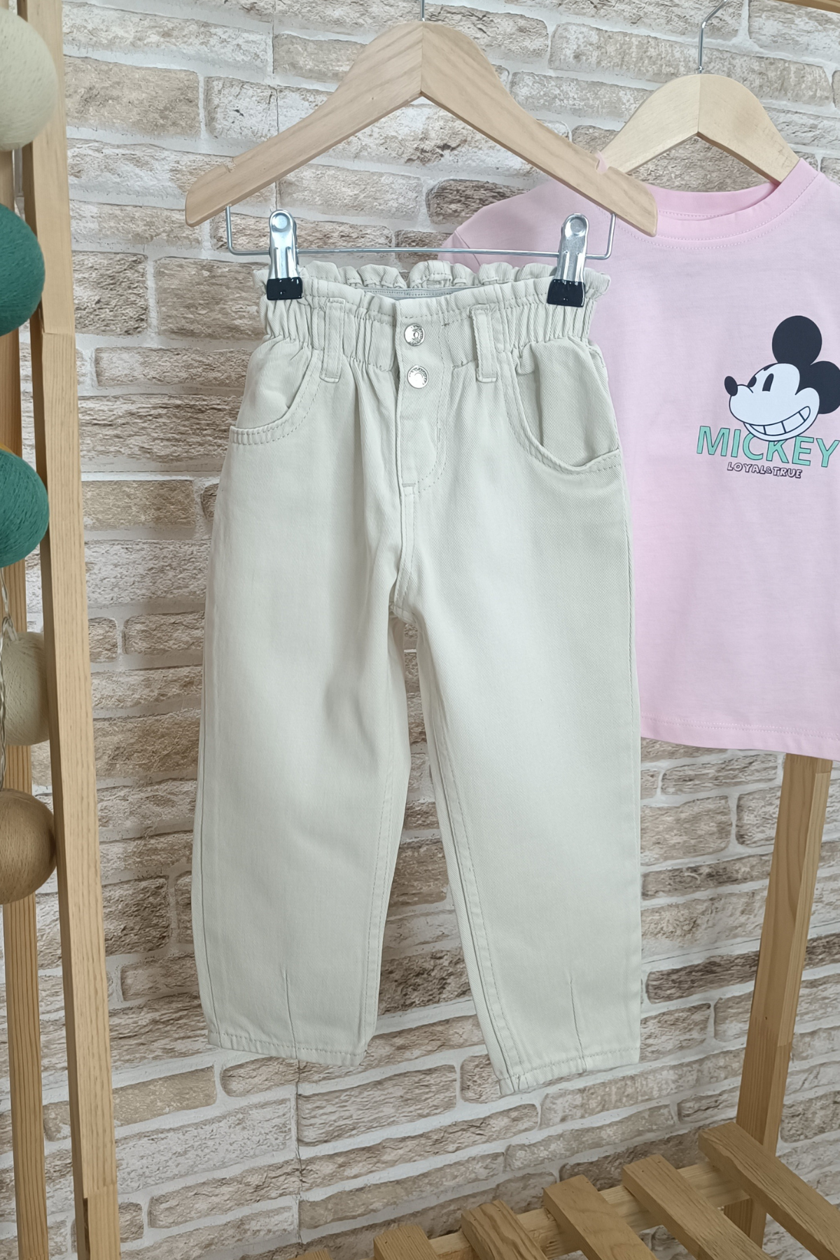 Beli Lastikli Krem Jean Pantolon