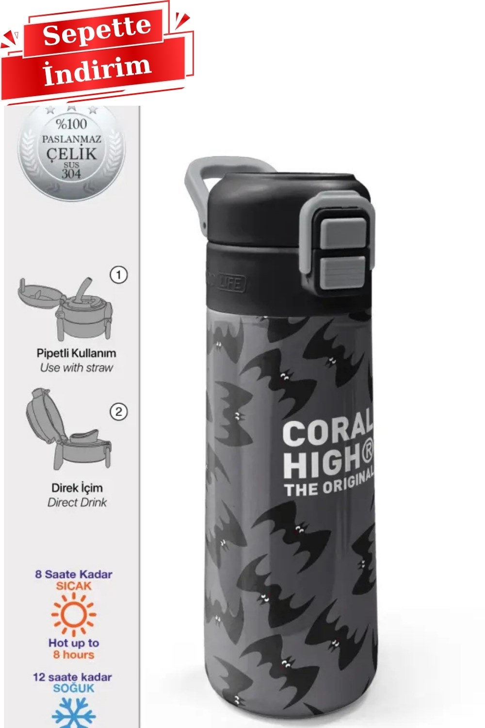 Coral High Kids Gri Siyah Yarasa Desenli Pipetli ve Direkt İçim Çelik Termos 500 ml 38126 Adet