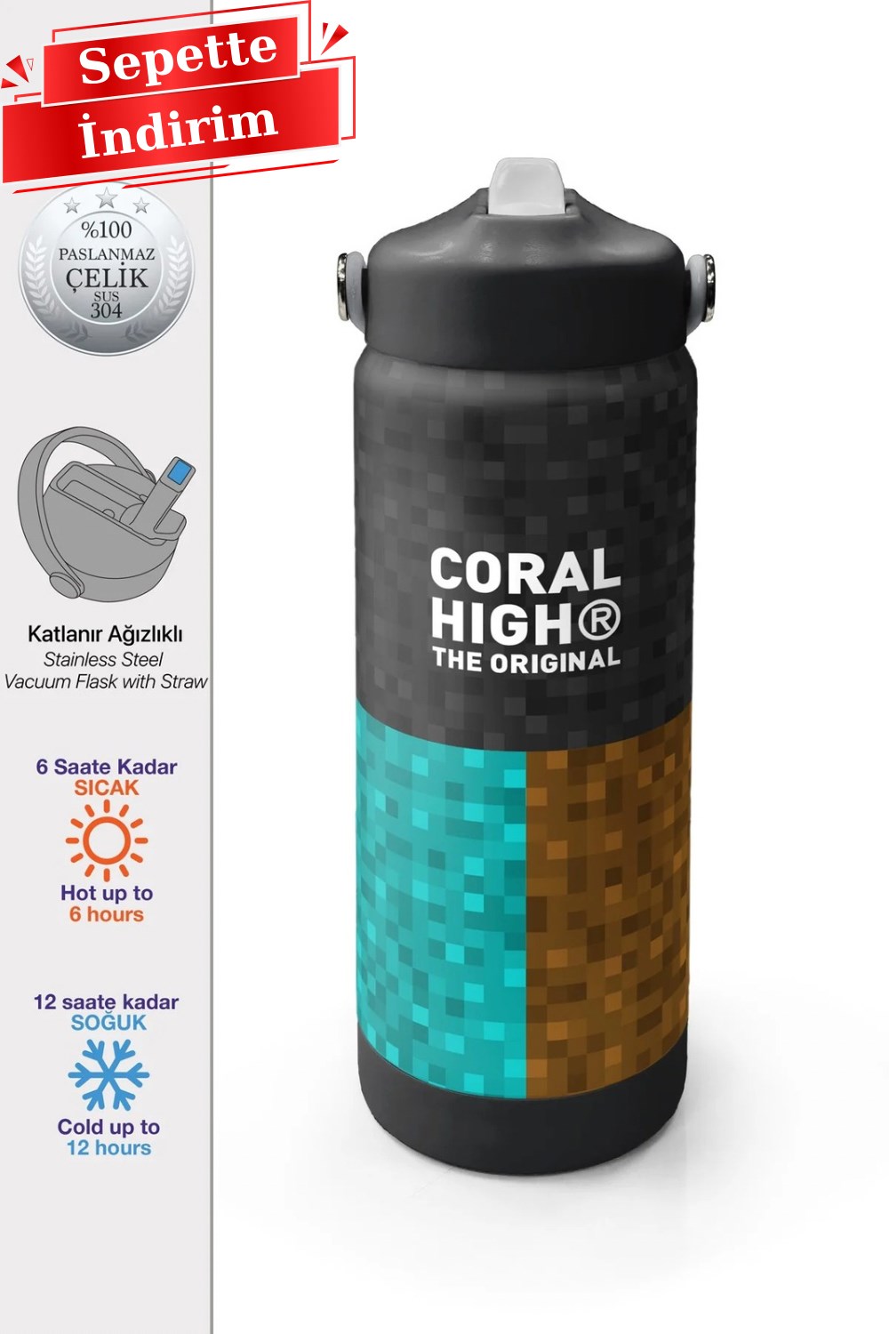 Coral High Kids High Craft Desenli Pipetli ve Direkt İçim Çelik Termos 500 ml 38316