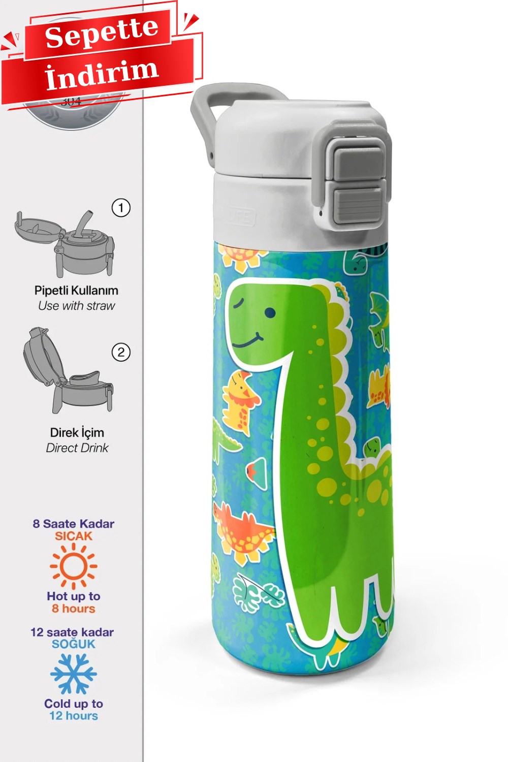 Coral High Kids Mavi Yeşil Dinozor Desenli Pipetli ve Direkt İçim Çelik Termos 500 ml 31798