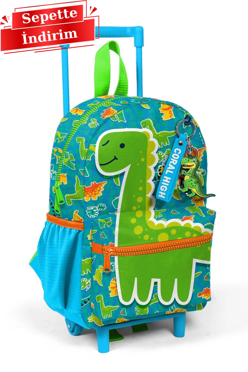 Coral High Kids Minik Yuva Çekçekli Sırt Çantası Mavi Yeşil Dinozor Desenli İki Bölmeli 24070