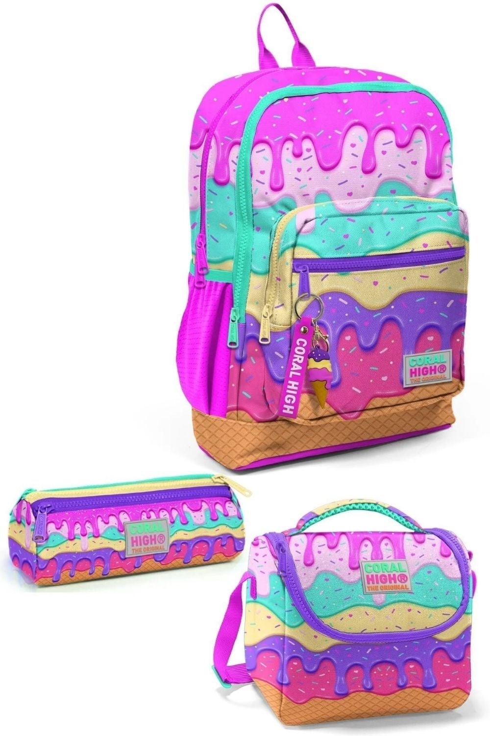 Coral High Kids Pembe Rengarenk Dondurma Desenli 3'lü Okul Çanta Seti SET0123731