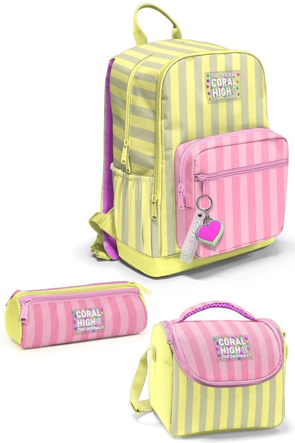 Coral High Pembe Sarı Çizgi Desenli 3'lü Okul Çanta Seti SET0133223 