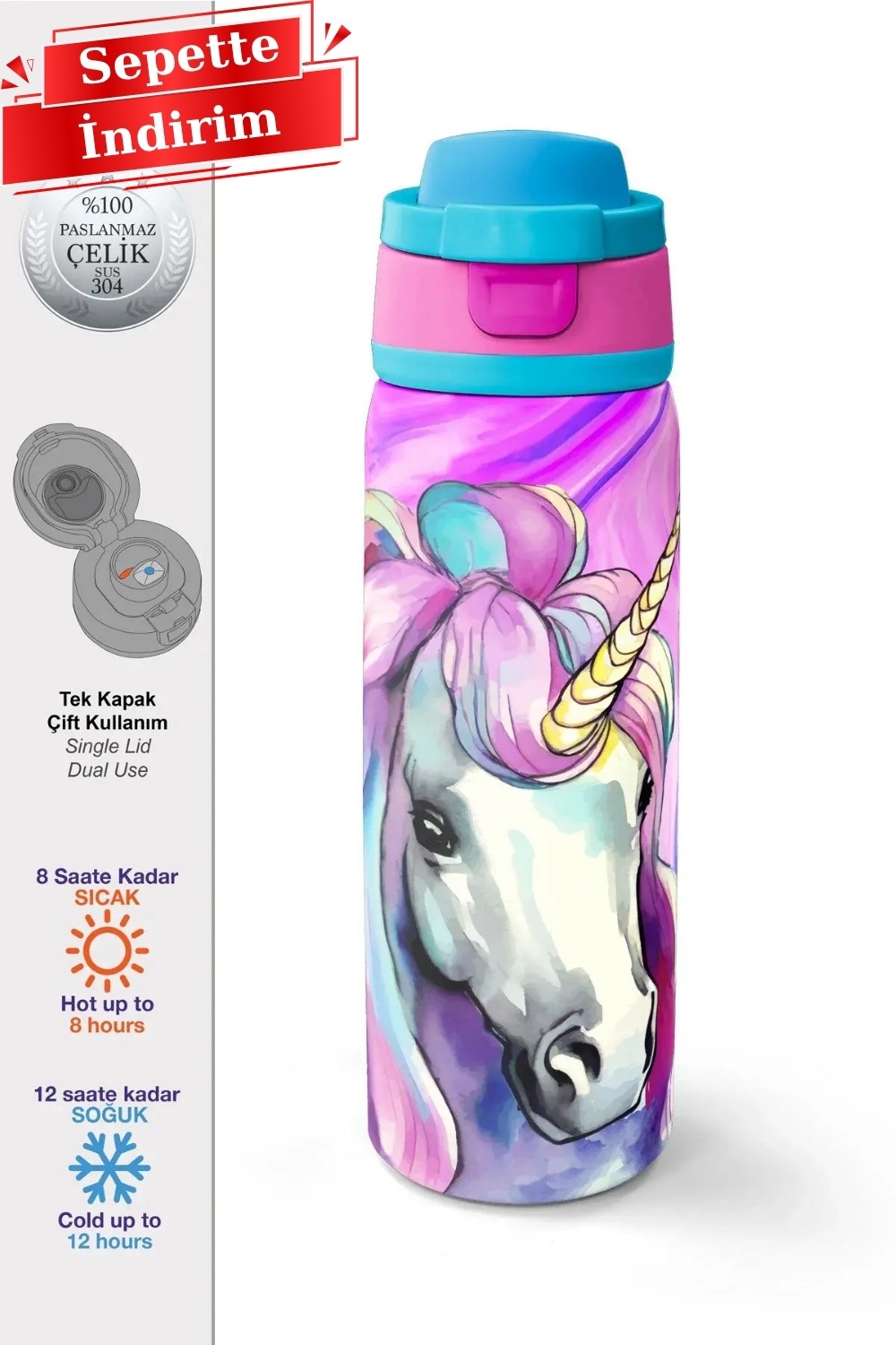 Coral High Pembe Unicorn Desenli Pipetli ve Direkt İçim Çelik Termos 800 ml 38523 