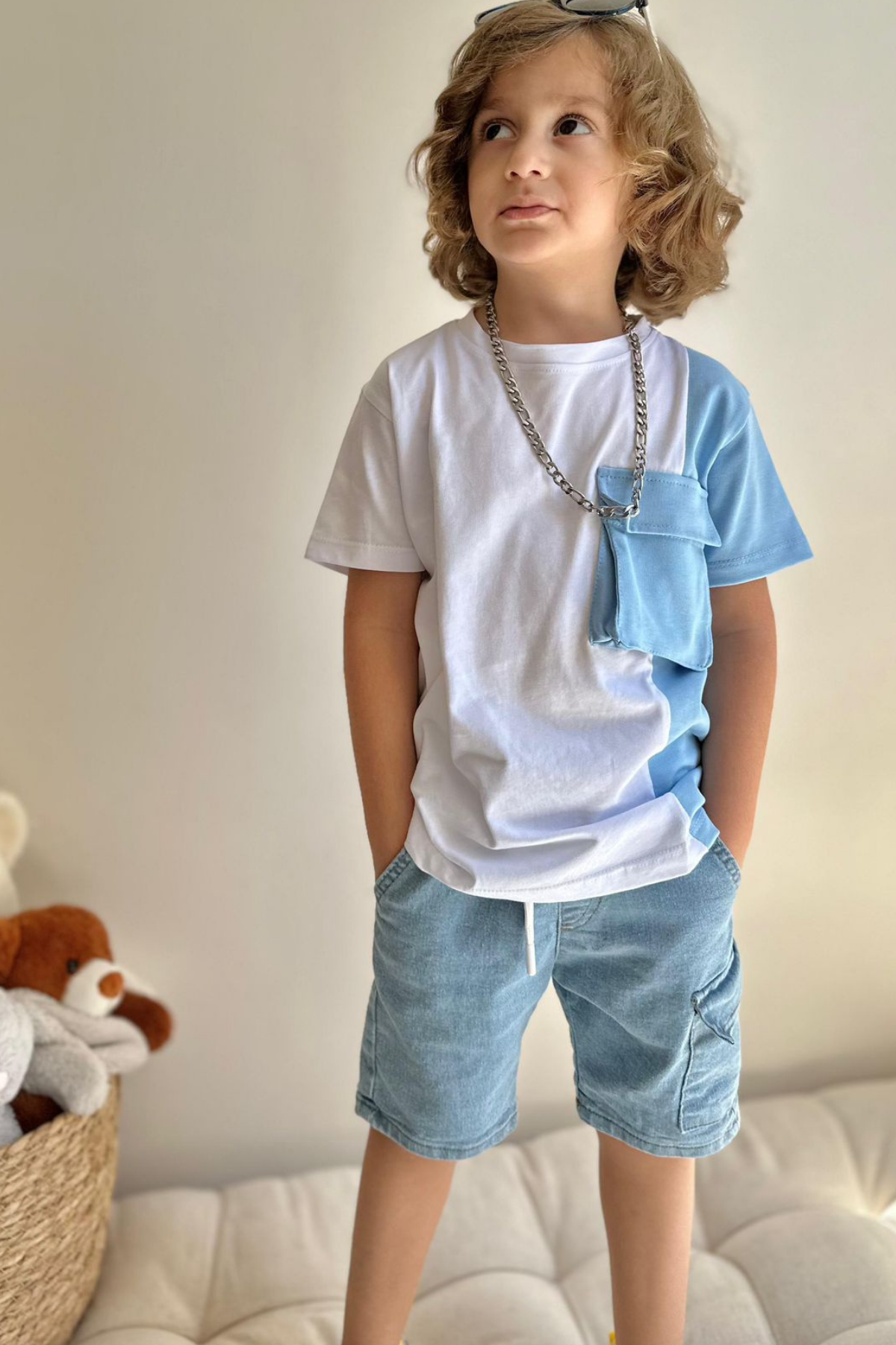 Denim Şort Tshirt Mavi Cepli  Takım