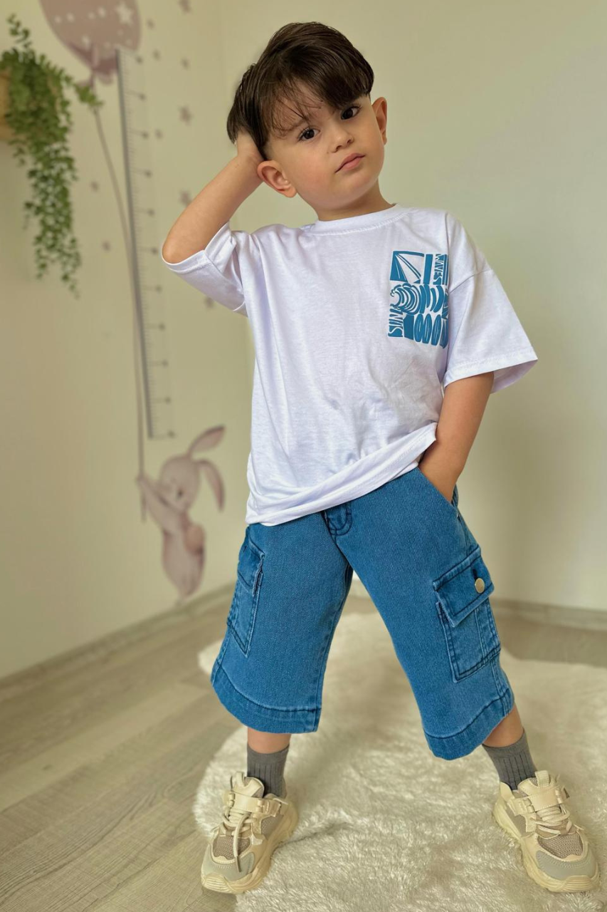 Erkek Bermuda Jean Şort Tshirt Takım 