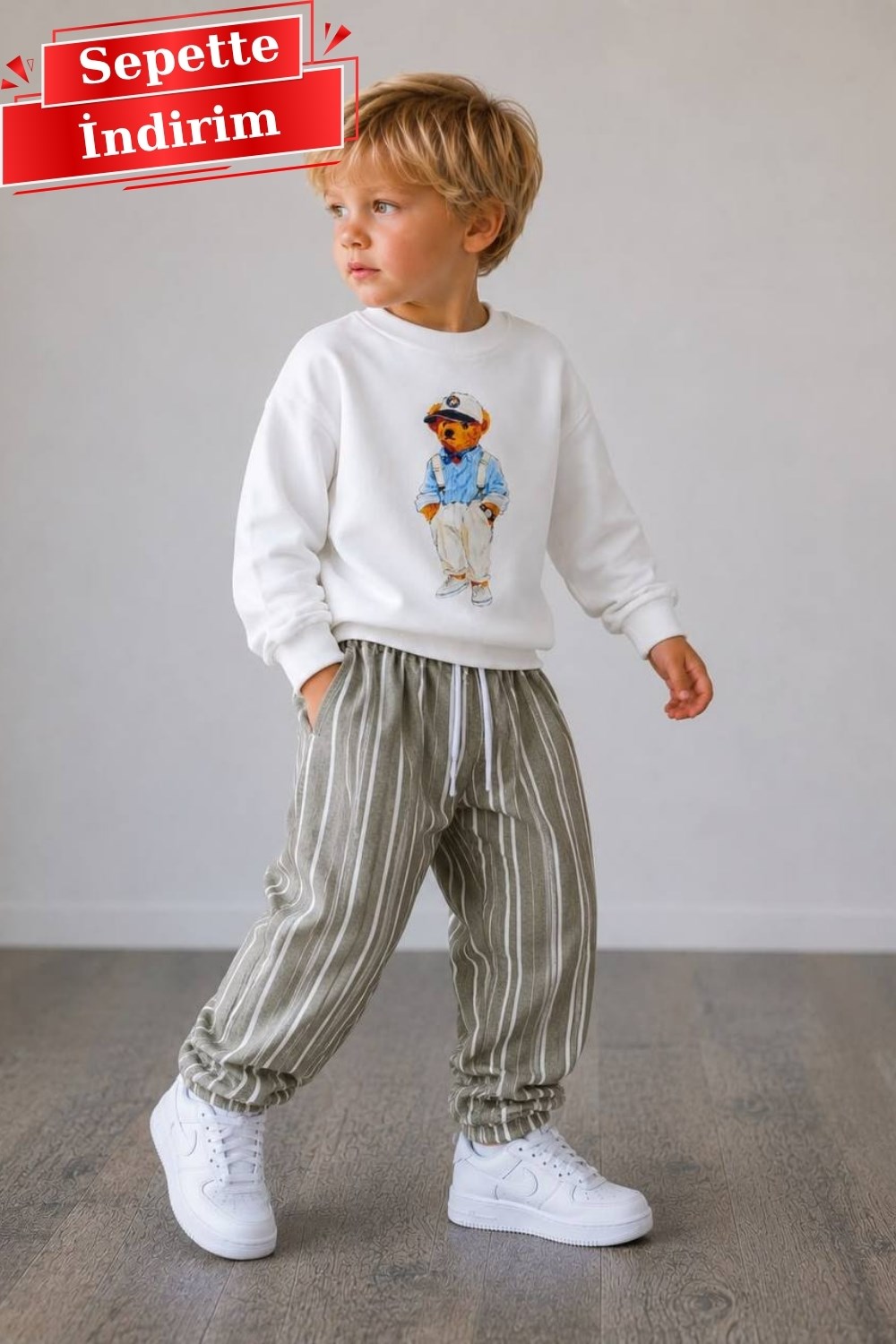 Erkek Çocuk 2 İplik Pantolon Keten Teddy Yeşil Takım