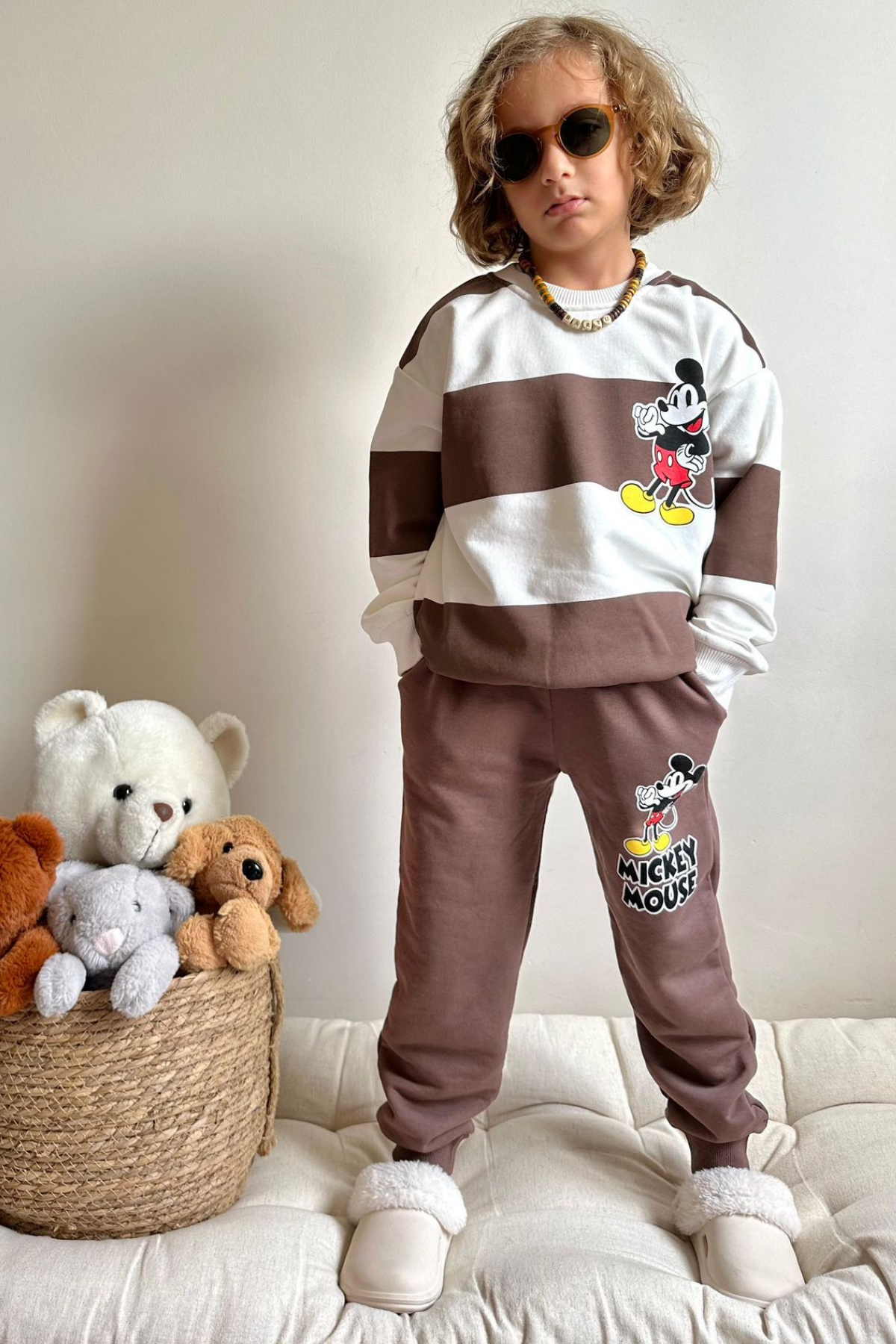 Erkek Çocuk 3 İplik Çizgili Kahve Mickey Takım