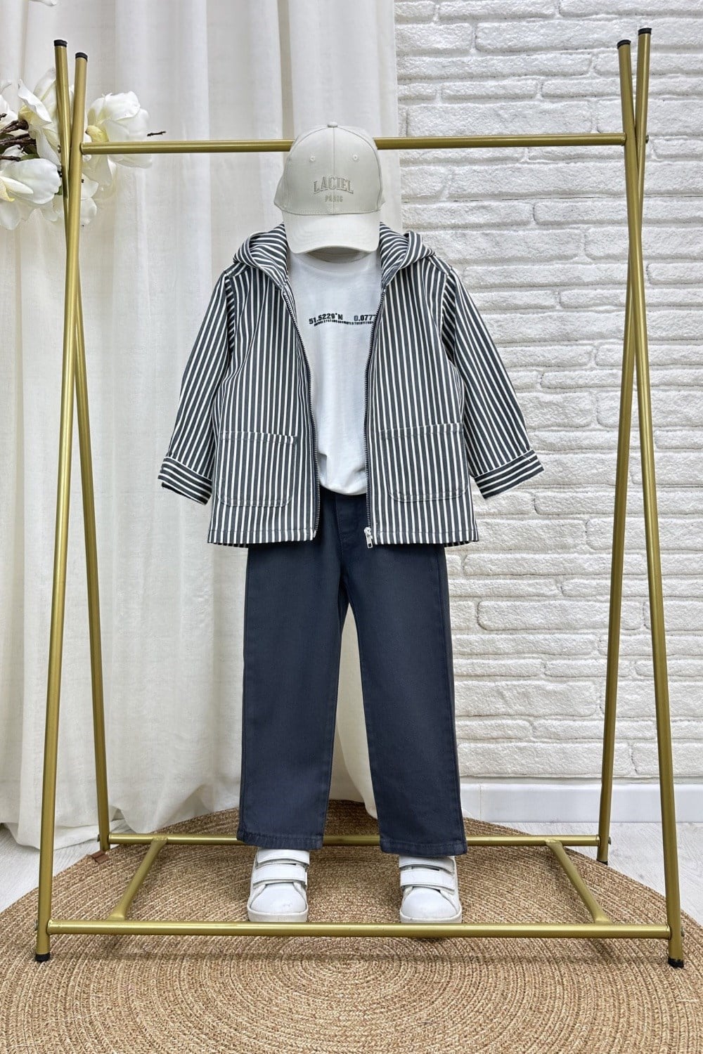 Erkek Çocuk 3'lü Tshirt Dahil Füme Çizgili Denim Takım