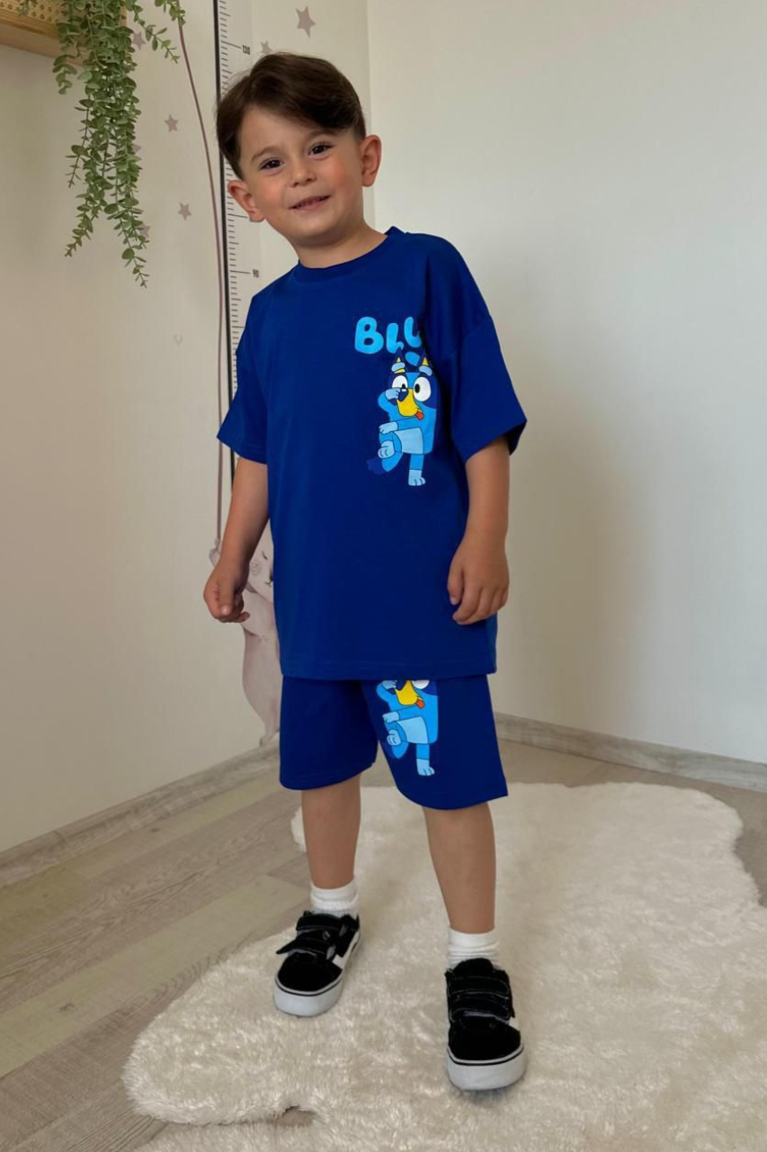 Erkek Çocuk Bluey Saks Şortlu Yaz Takım
