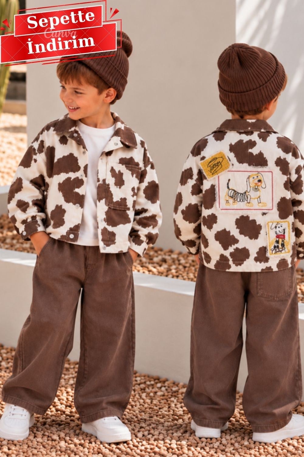 Erkek Çocuk Dog Baskı Denim Ceketli Kahve Takım