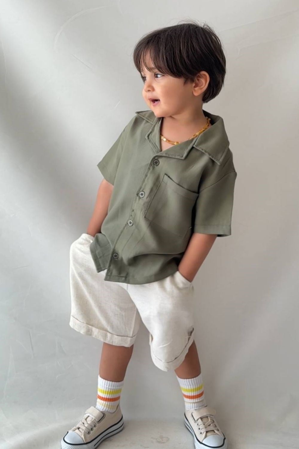 Erkek Çocuk Keten Modal Haki Şortlu Takım