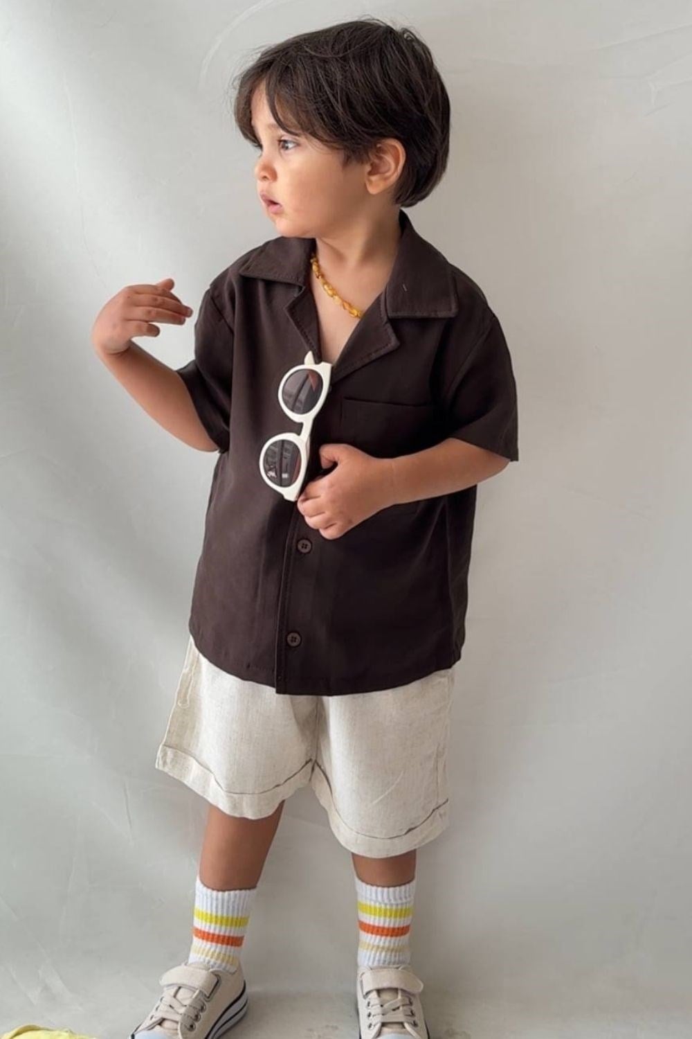 Erkek Çocuk Keten Modal Kahve Şortlu Takım