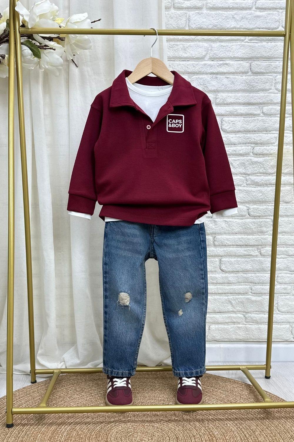 Erkek Çocuk Polo Yaka Bordo Jean Takım 