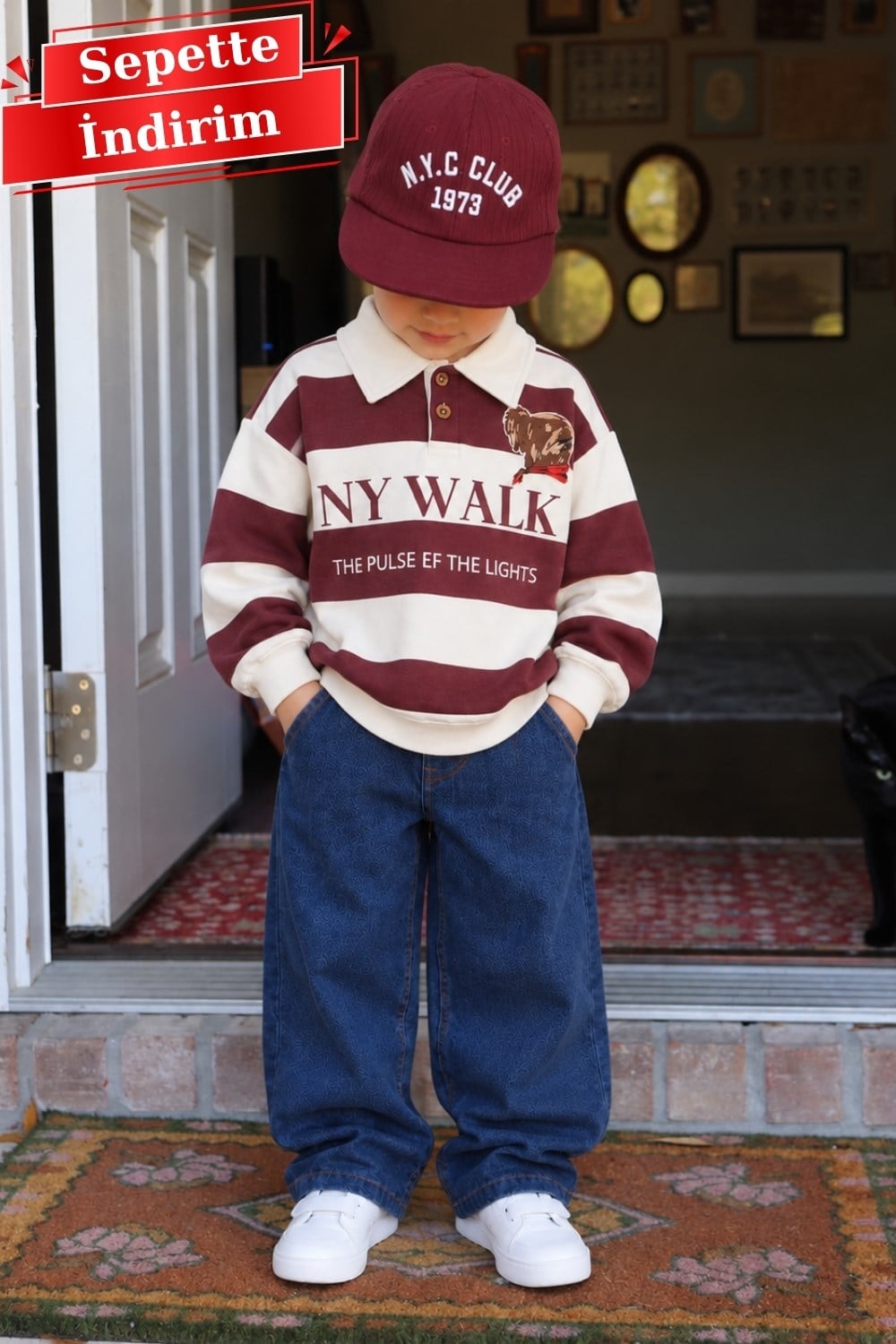 Erkek Çocuk Polo Yaka Teddy Denim Bordo  Takım