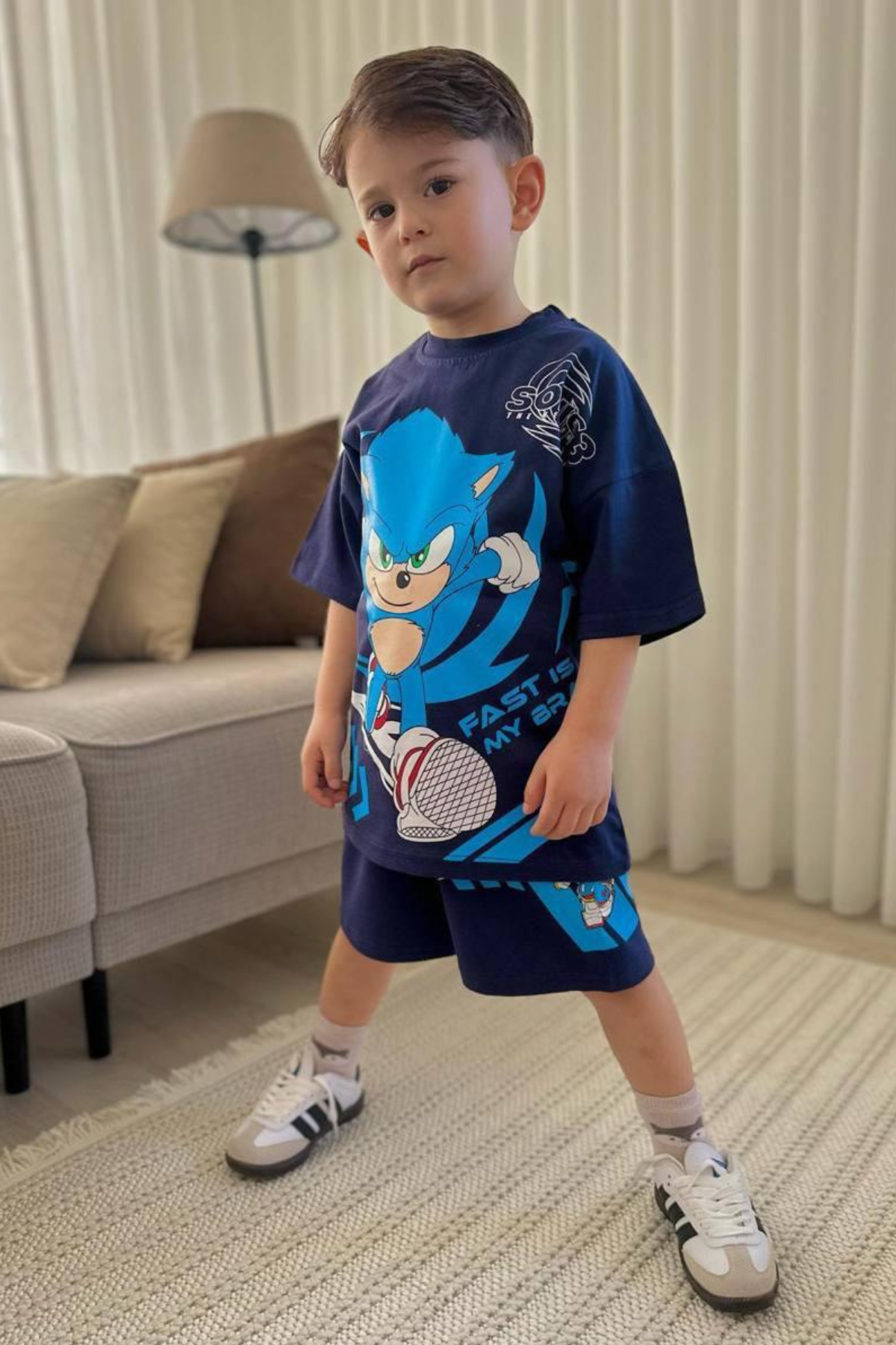 Erkek Çocuk Sonic Koyu Laci Yaz Şortlu Takım  