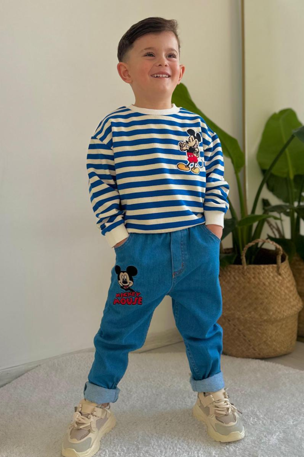 Erkek Çocuk Takım Çizgili Sweat Mavi Jean Pantolon