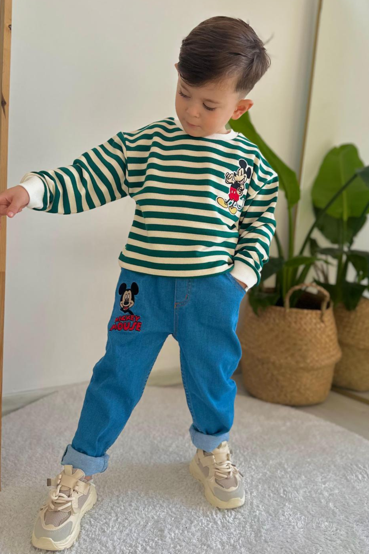 Erkek Çocuk Takım Çizgili Sweat Yeşil Jean Pantolon