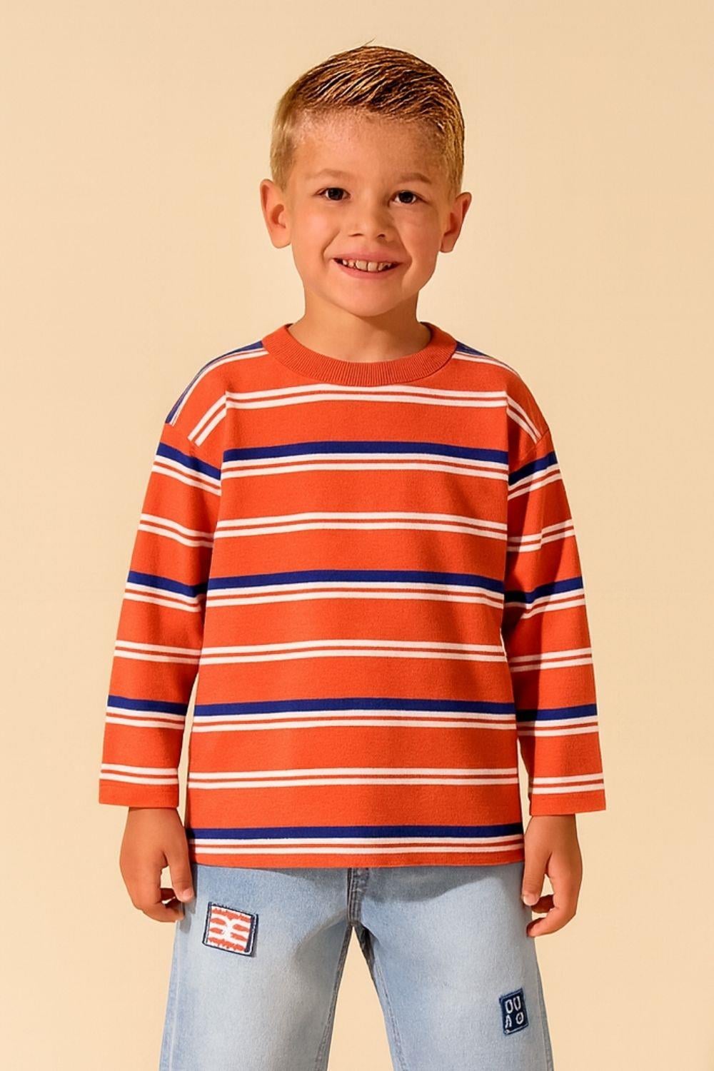 Erkek Çocuk Uzun Kollu Çizğili Kiremit Tshirt