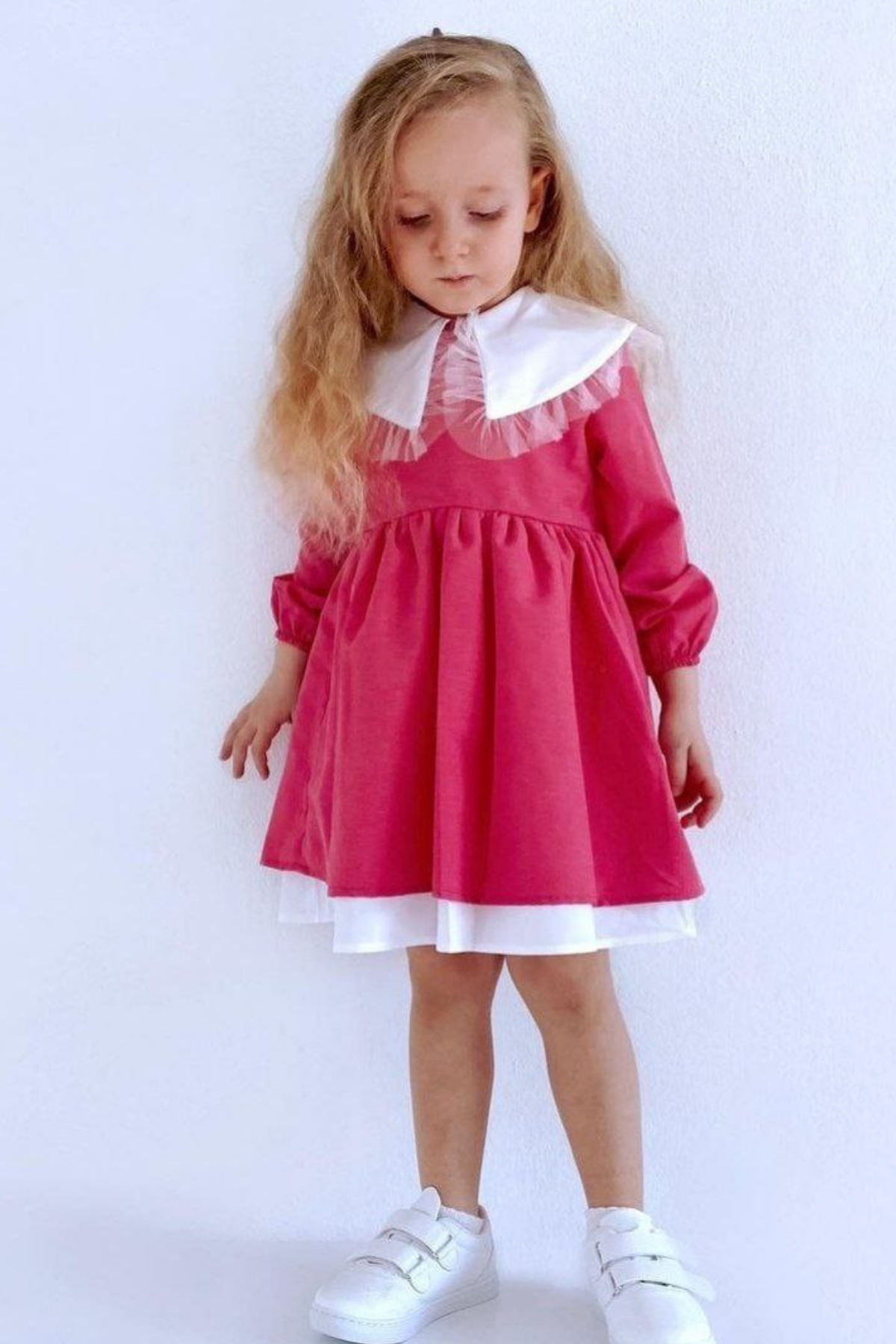 Fuşya Astarlı Yakalı Elbise