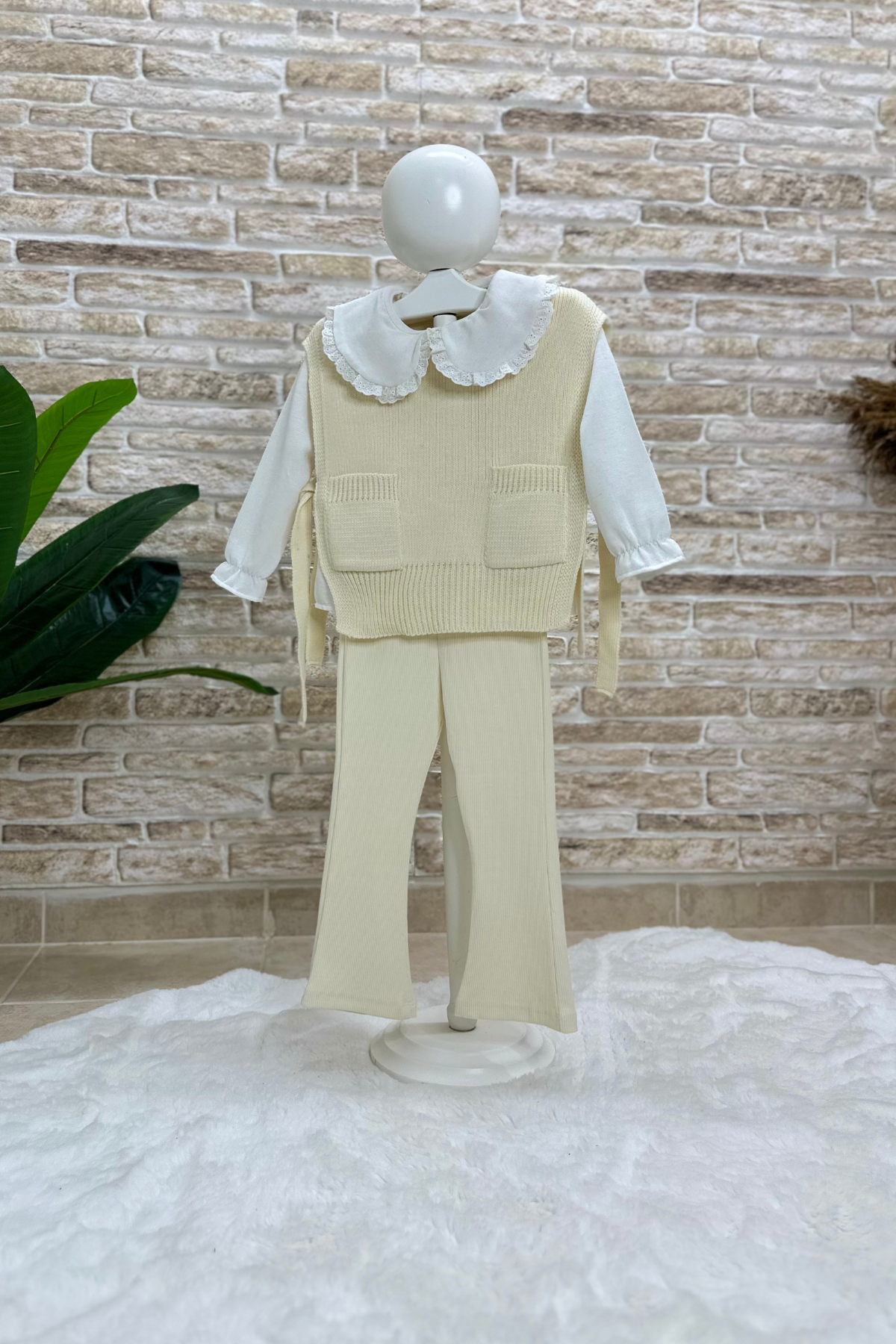 Gömlek Detaylı Bebe Yakalı Triko Çiçekli Tayt Takım