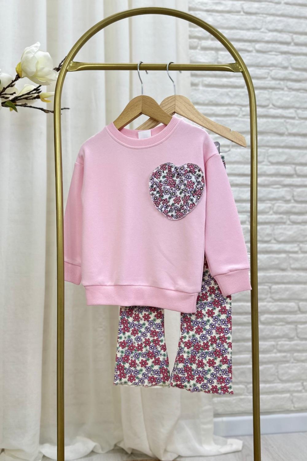 Kız Çocuk 3 İplik Kalpli Pembe Taytlı Takım