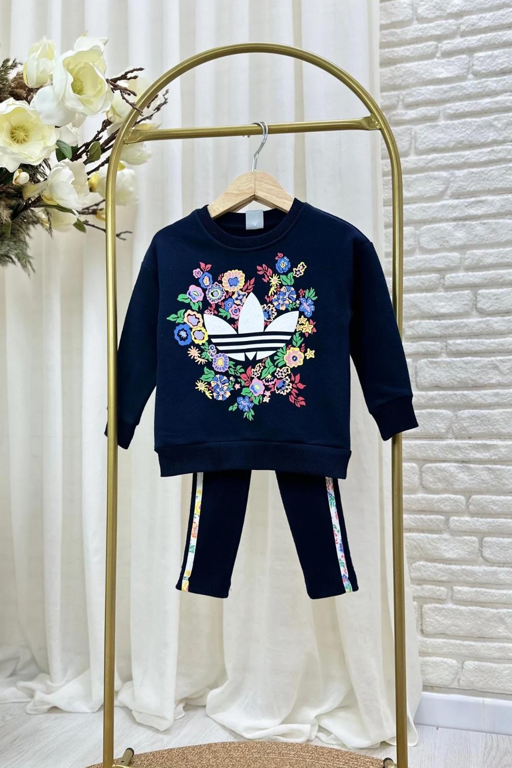 Kız Çocuk 3 İplik Lacivert Adids Taytlı Takım