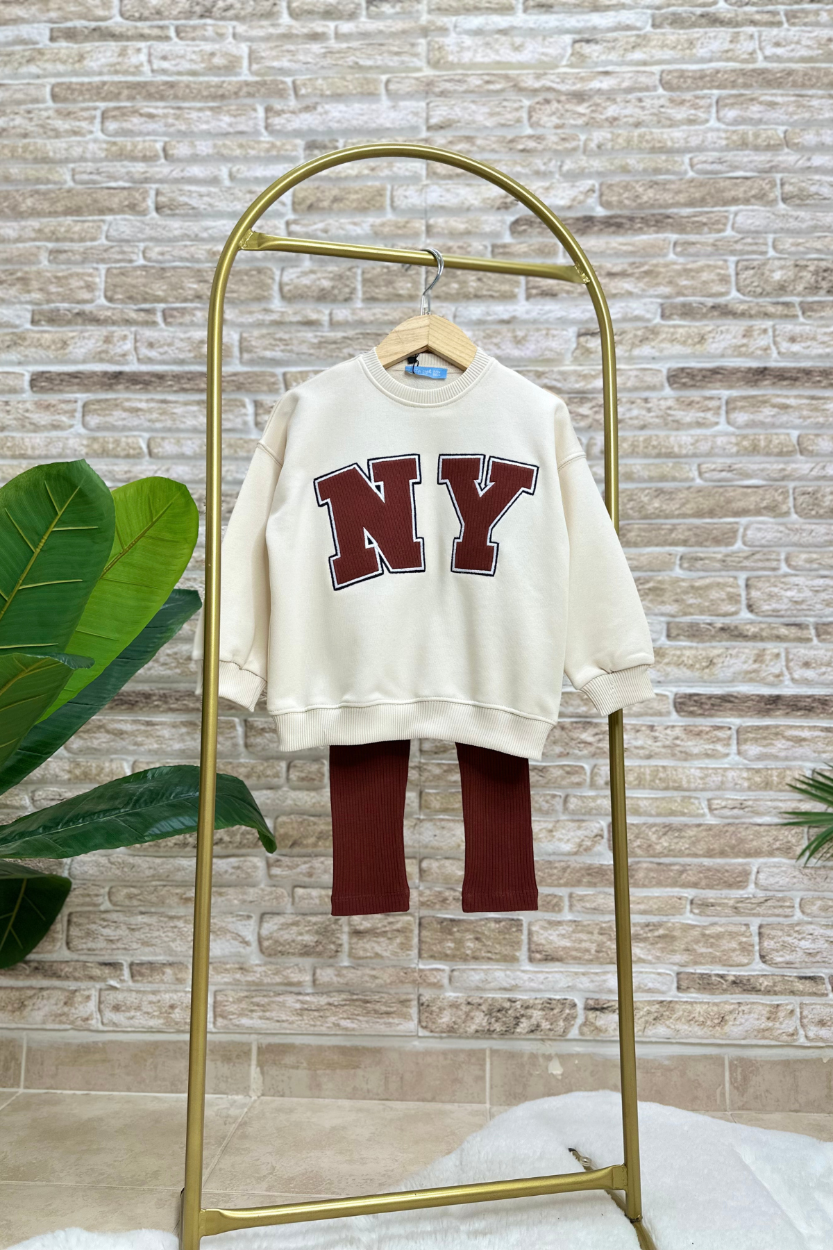Kız Çocuk 3 İplik Ny Kahve Ekru Taytlı Takım