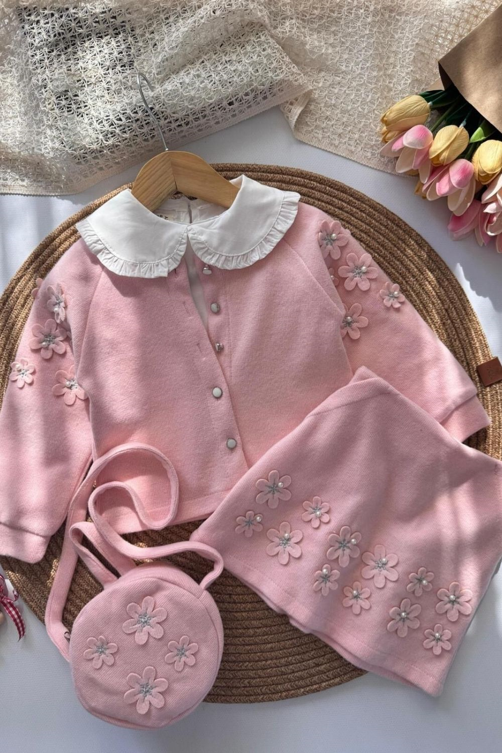 Kız Çocuk 4'lü Çantalı Hırka Gömlek Etek Pembe Triko Takım