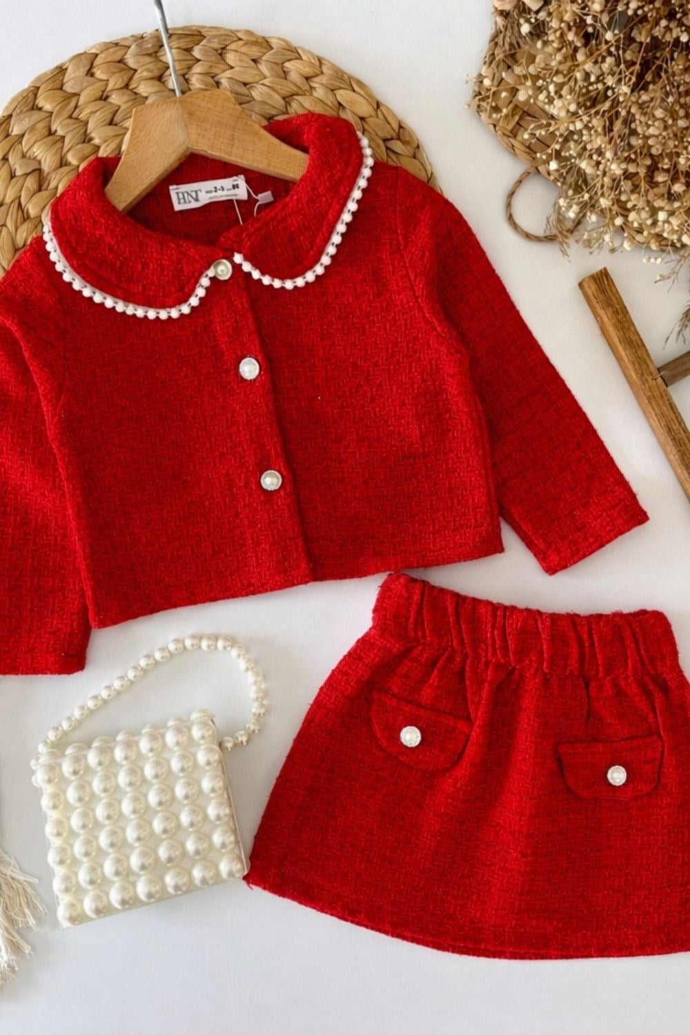 Kız Çocuk Çantalı Tüvit Ceket Etek Kırmızı  Takım