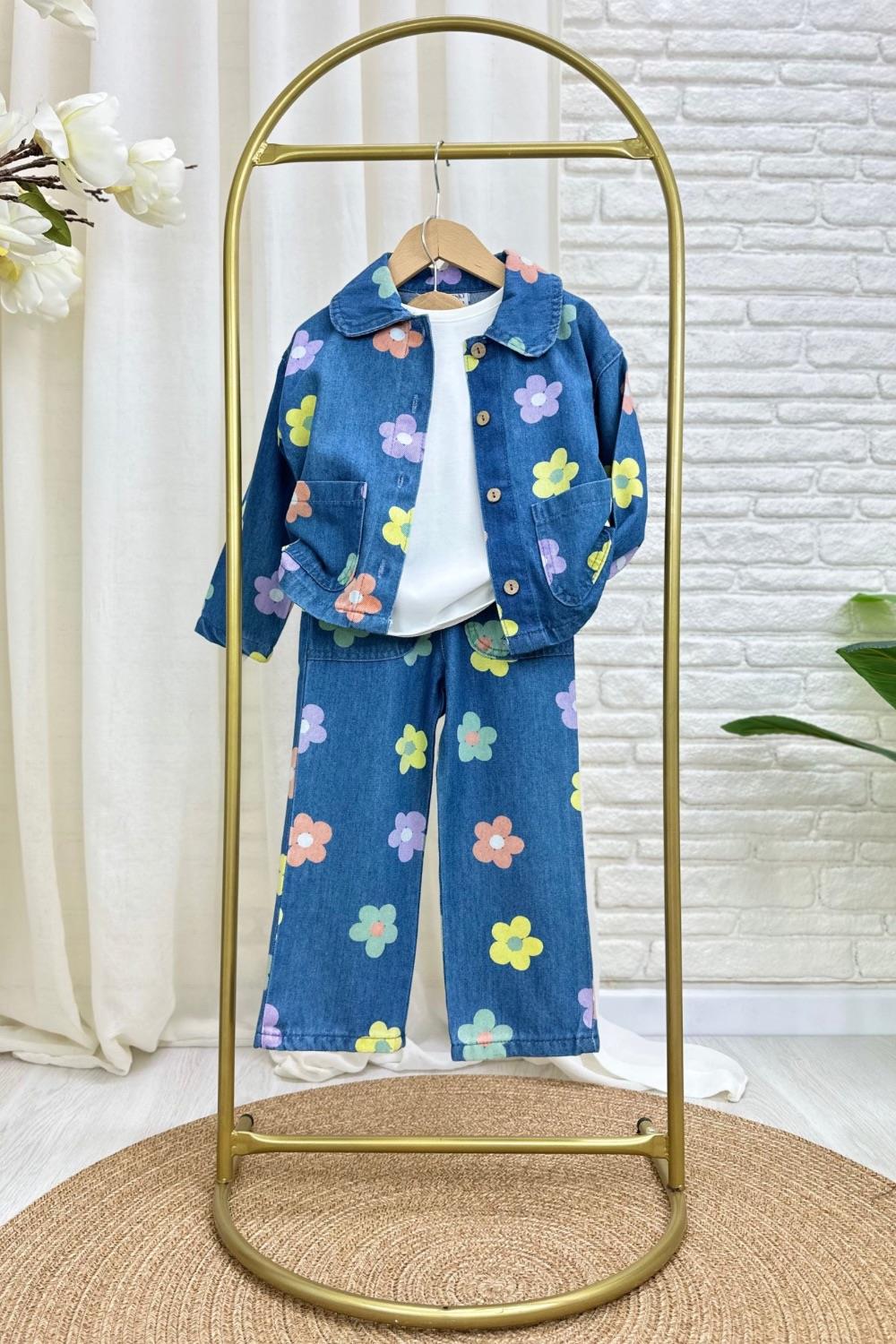 Kız Çocuk Çiçekli Denim Takım