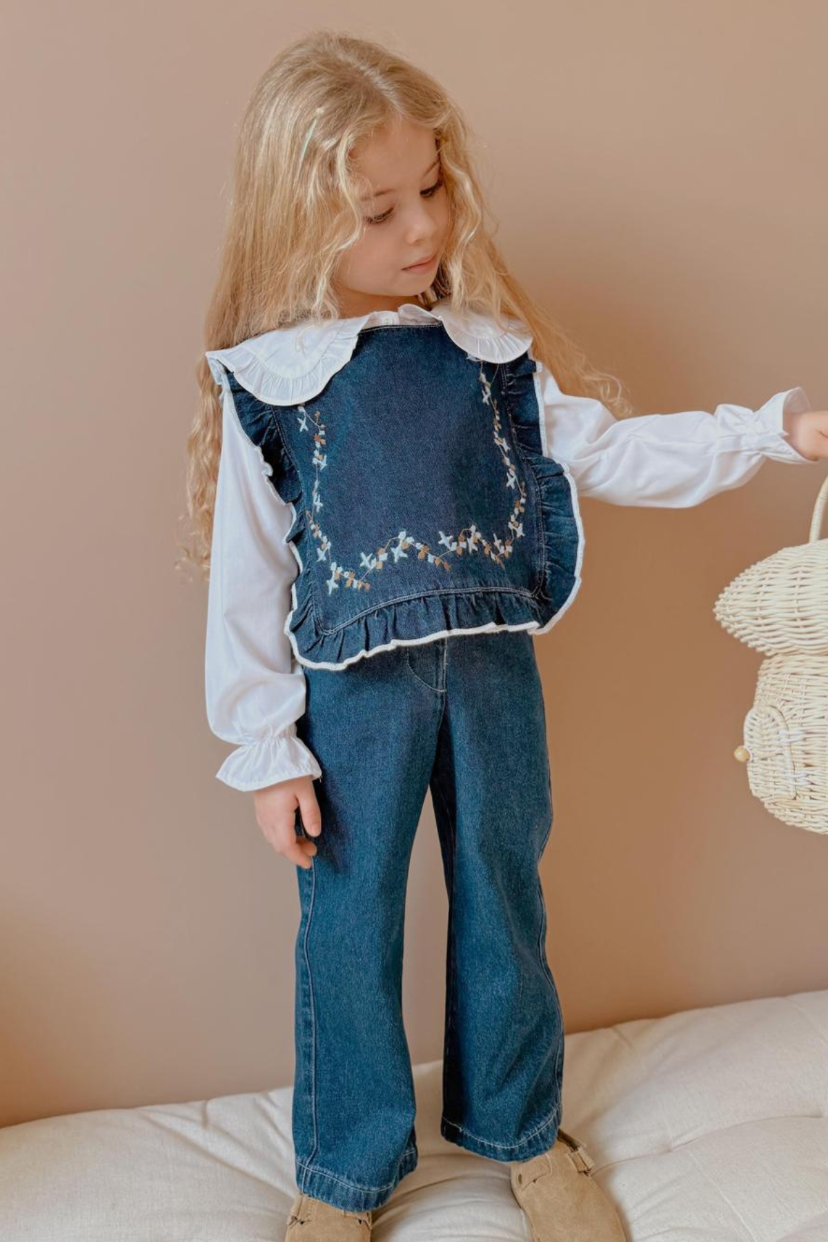 Kız Çocuk Denim 3 Parça Gömlekli Pantolon Mavi Takım
