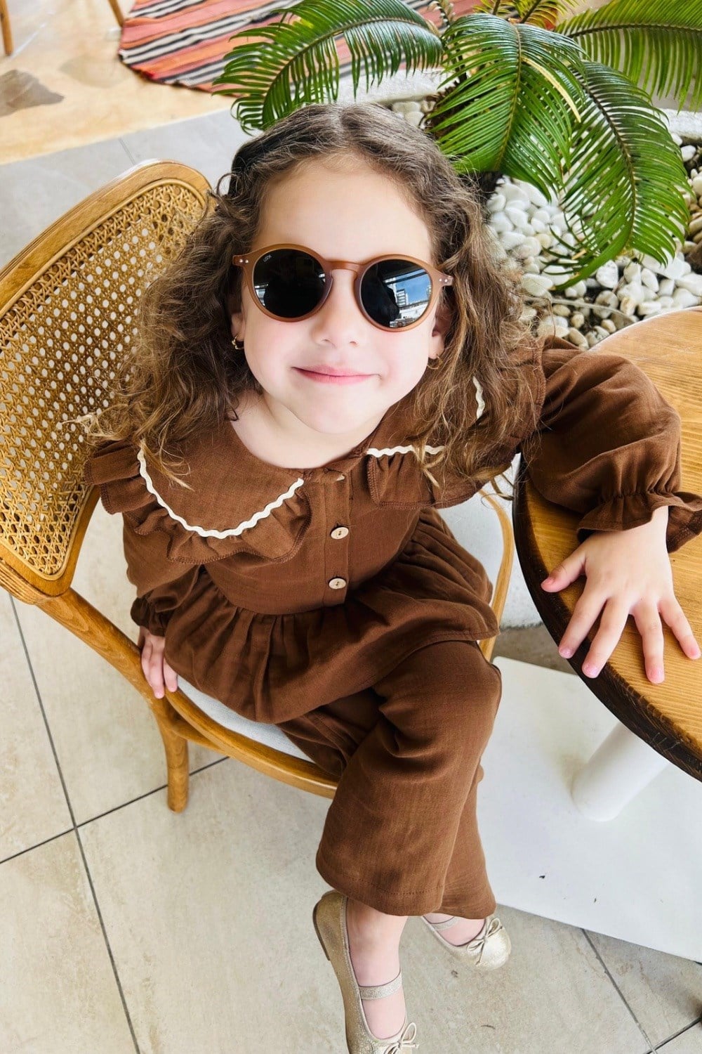 Kız Çocuk Düğmeli Kahve Takım