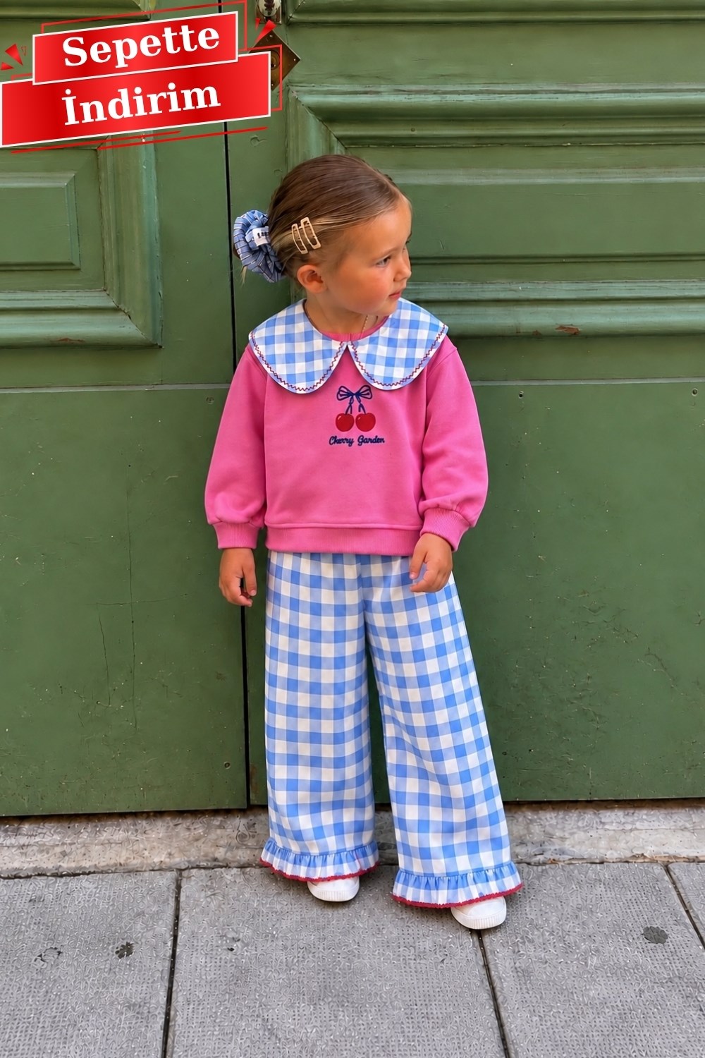 Kız Çocuk Gabardin Ekoseli Pantolon Kirazlı Sweat Takım