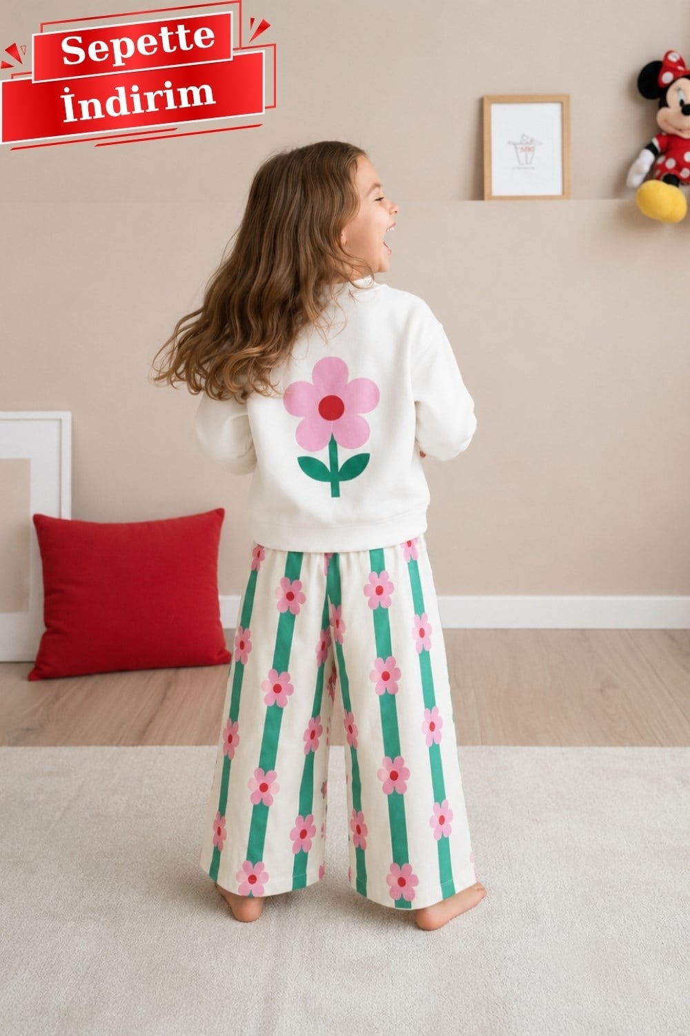 Kız Çocuk Gabardin Pantolon Pembe Çiçekli Takım