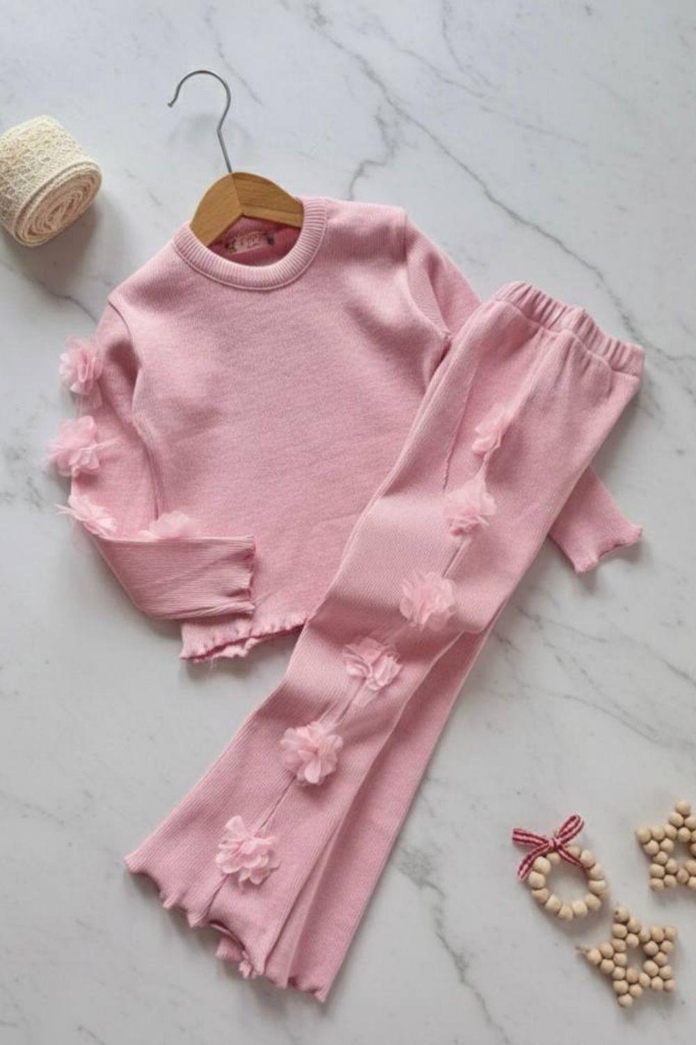 Kız Çocuk Gül Detaylı Pembe Taytlı Takım