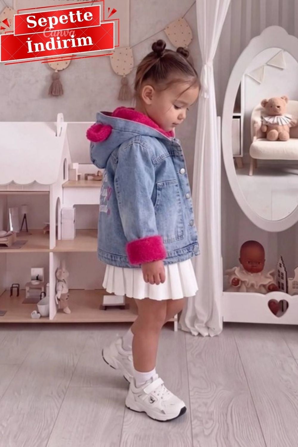 Kız Çocuk İçi Peluş Kot Mont Fuşya