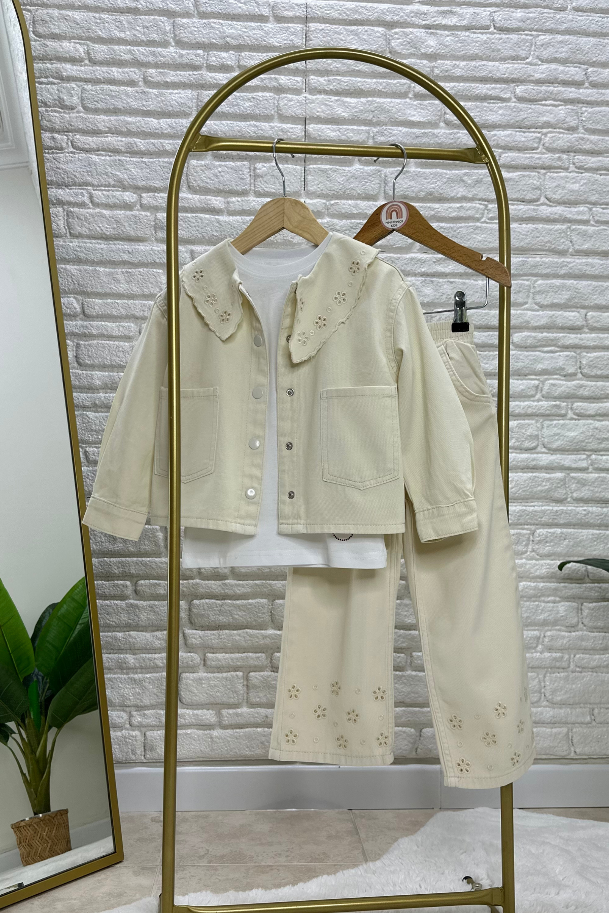 Kız Çocuk İnce Denim Güpürlü Krem Takım