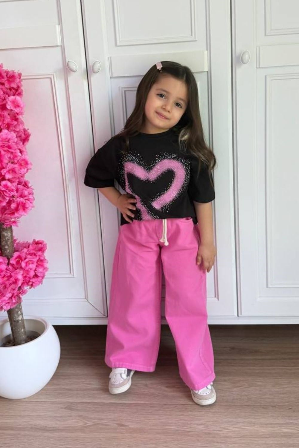 Kız Çocuk Kalpli Pembeli Denim İspanyol Takım