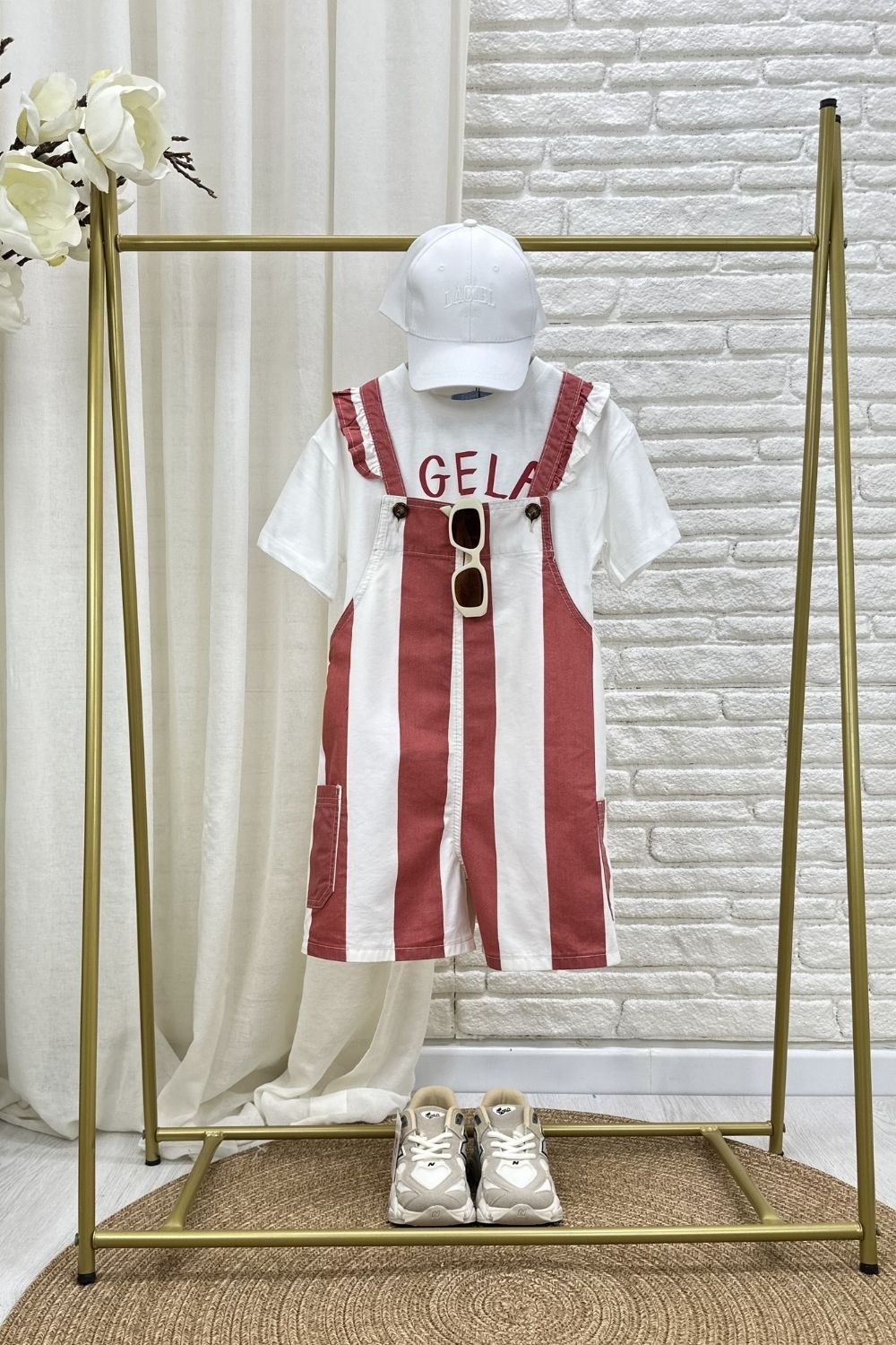 Kız Çocuk Laciel Tshirt Dahil Çizgili Denim Salopet İkili Takım