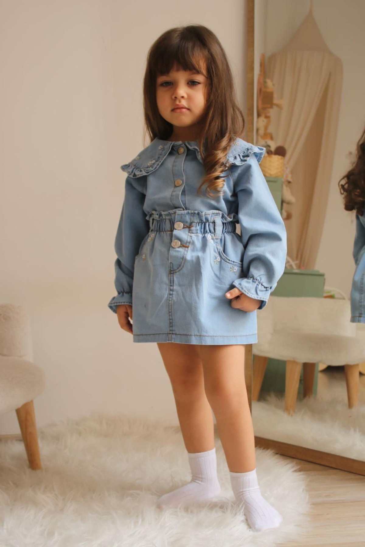 Kız Çocuk Mavi Denim Etekli Takım