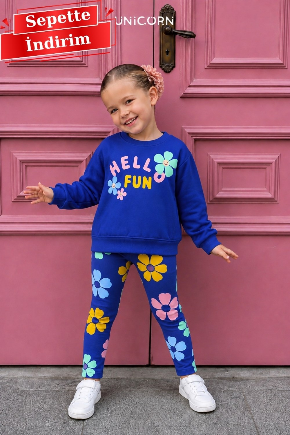 Kız Çocuk Mevsimlik 2 İplik  Çiçekli Hello Fun Taytlı Takım