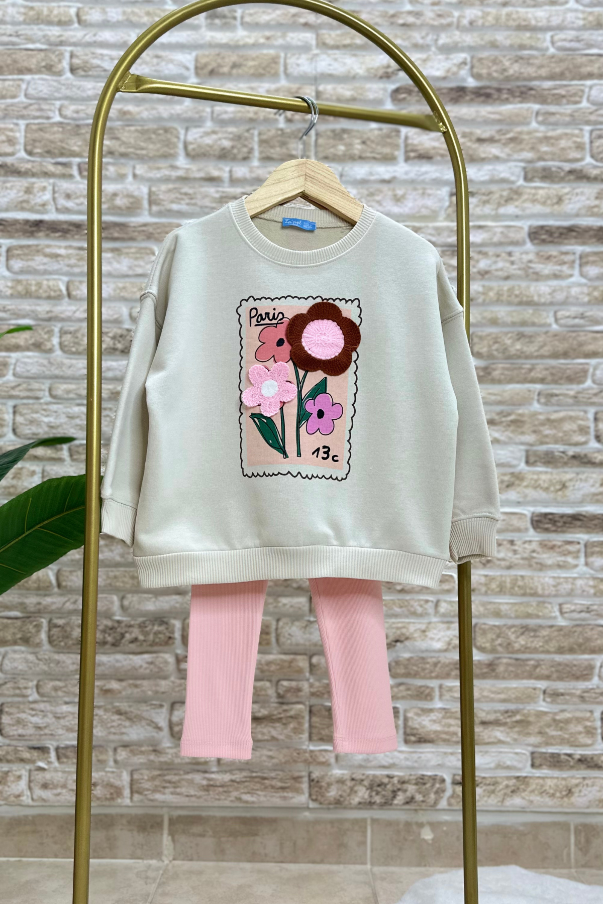 Kız Çocuk Örme Çiçekli Taytlı Takım