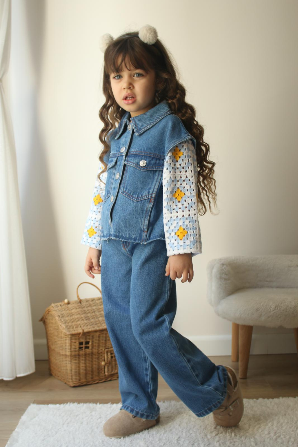 Kız Çocuk Örme Detaylı Jean Takım
